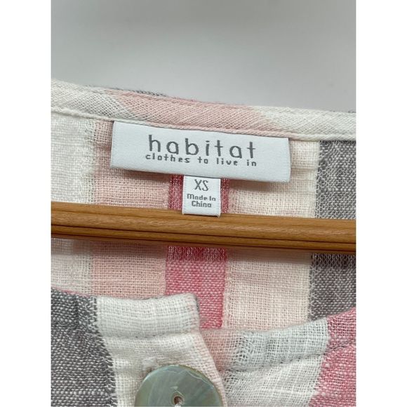 Habitat Linen Short Top Button Up Women XS Pink White Gray Stripe Long Sleeve Ne - Picture 4 of 13